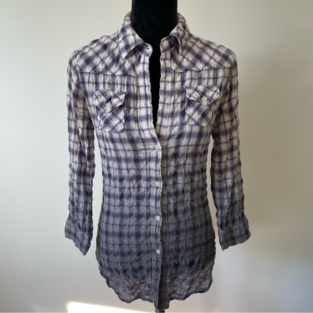 Elizabeth & James Purple Crinkle Plaid Ombré Button Down Corset Back Shirt EUC S